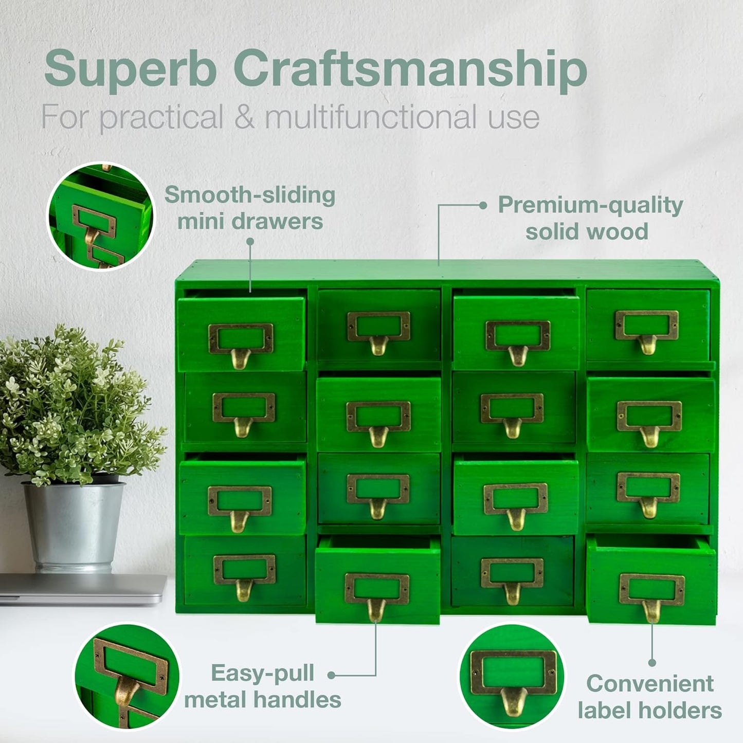 Emerald Green Wood 16-Drawer Apothecary Small Cabinet - 20" x3.6”x14” Card Catalog Style Table Top Organizer - Wooden Storage Box w/16 Drawers - 4-Level Countertop Organizer w/Label Holders & Handles