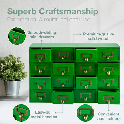 Emerald Green Wood 16-Drawer Apothecary Small Cabinet - 20" x3.6”x14” Card Catalog Style Table Top Organizer - Wooden Storage Box w/16 Drawers - 4-Level Countertop Organizer w/Label Holders & Handles
