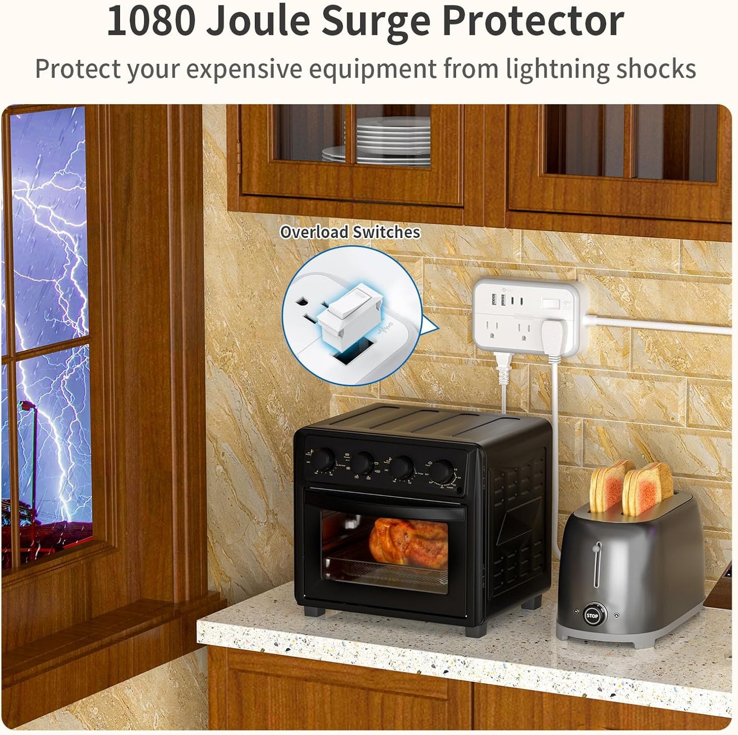 NTONPOWER 2 Prong Power Strip, 1875W/15A 2 Prong to 3 Prong Outlet Adapter, Surge Protector Power Strip with 4 USB Ports(2 USB C), 5 FT Rotating Flat Plug Extension Cord for Old House, Wall Mount