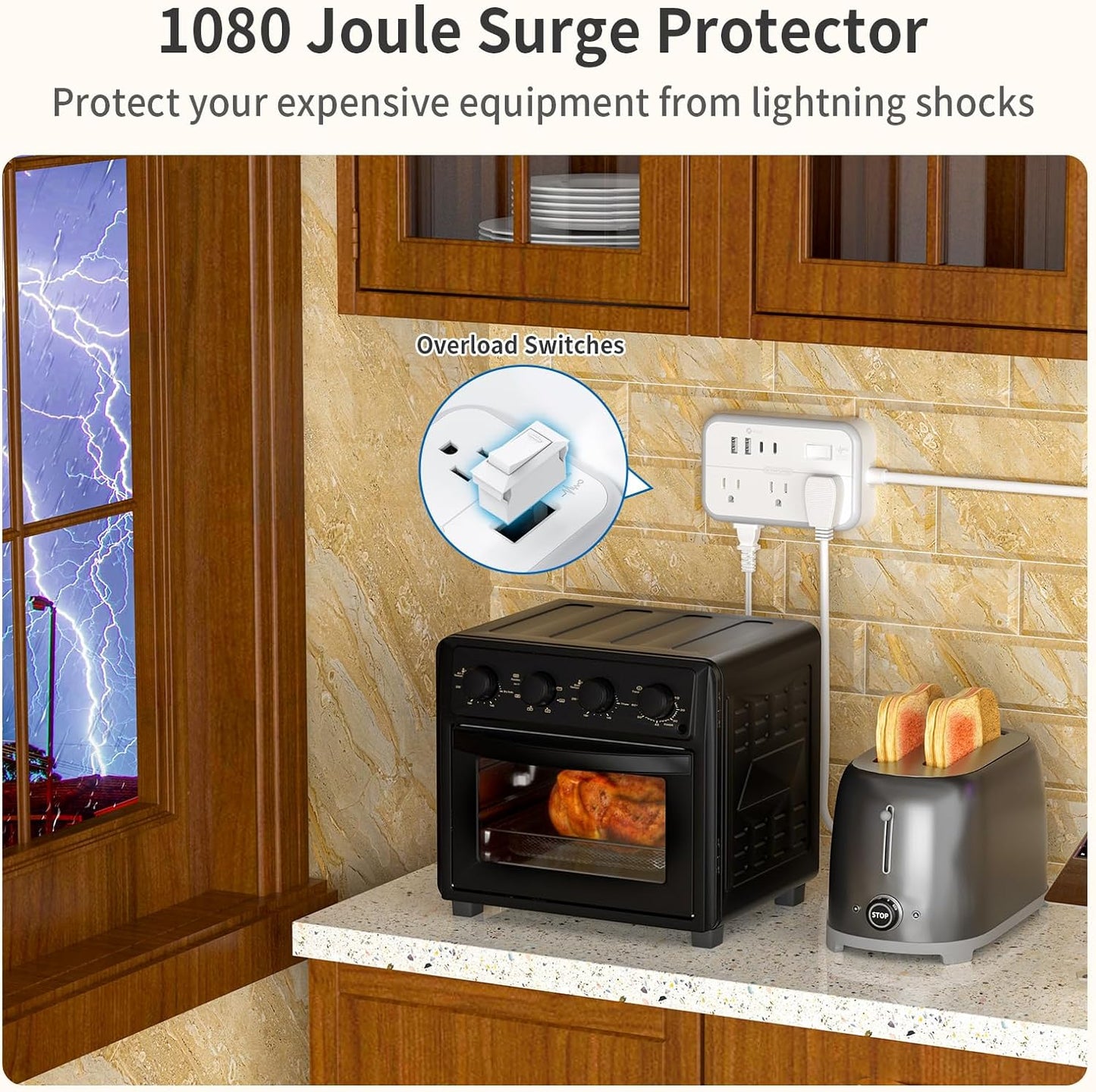 NTONPOWER 2 Prong Extension Cord 25 FT, 1080 Joules Surge Protector Power Strip with 6 Outlets 4 USB Ports(2 USB C), 1875W Three Prong to Two Prong Adapter, Rotating Flat Plug, Ideal for Old House