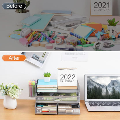 Marbrasse 3 Tier Mesh Desk Organizer with Drawer, Multi-Functional Desk Organizers and Accessories, Paper Letter Organizer with 2 Pen Holder for Home Office Supplies (Silver)