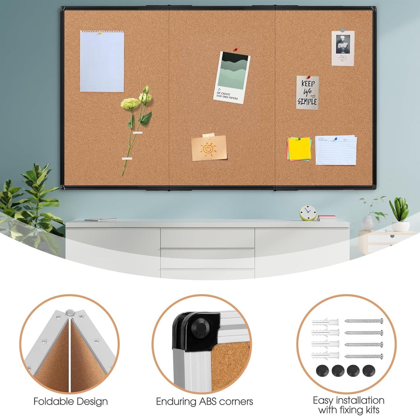 Board2by Extra Large Cork Bulletin Board 96" X 48", Foldable Notice Pin Board for Wall, Black Aluminum Framed 8'x4' Corkboard, Wall Mounted Noticeboard with 36 Push Pins for School, Home & Office
