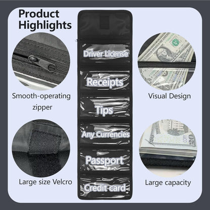 Money Organizer,Money Organize for Cash with 6 Zippered Pocket Multipack Pouch,Small Travel Casher Holder,Cash Holder for Bills,Coins,Foreign Currencies