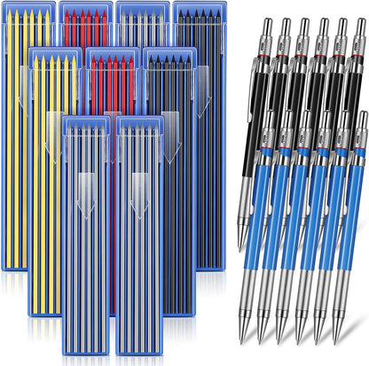Nezyo 12 Pieces Welder Pencil with 108 Pieces Round Refills Mechanical Metal Pencil Marker with Built in Sharpener Pen for Construction Workers, Metal Work, Plumbers, Framers