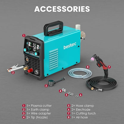 bestarc Plasma Cutter, [Pilot Arc][Large LED Display] 55A bestarc Plasma Cutter Machine 110/220V Dual Voltage, 5/8 Inch Clean Cut 3/4 Inch Max Cut, Post Flow Mesh Cut, 2T/4T for Beginners DIY