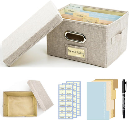 Greeting Card Organizer and Storage Box with 20 Pcs Adjustable Dividers, Storing Cards with 84 Pcs Labels Perfect for Storing Greeting Cards, Envelopes, Photos 1 Pack Beige