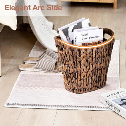 FairyHaus Wicker Waste Basket with Handle, Hand-Woven Water Hyacinth Trash Can for Bathroom Bedroom, Brown Wicker Storage 13 x 7.5 x12.2
