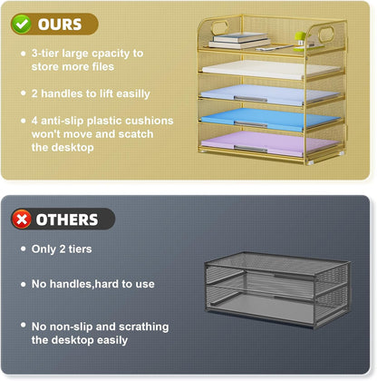 Marbrasse Paper Organizer Letter Tray, 5 Tier Mesh File Organizer with Handle, Paper Sorter Desk Organizer for Home Office Supplies - Gold