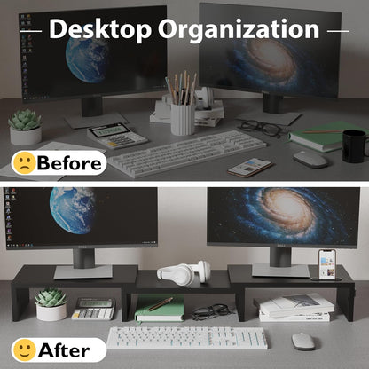 BONTEC Dual Monitor Stand Riser with Smartphone Holder, Adjustable Length & Swivel Angle, Ergonomic Wooden Desktop Organizer for PC Monitor, Laptop, Printer, Large Storage, Black