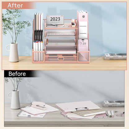 SUPEASY Mesh Desk Organizer with File Holder, 5-Tier Paper Letter Tray Organizer with Magazine Holder, Desktop Organizer and Storage with Drawer for Office Supplies Home or School, Rose Gold