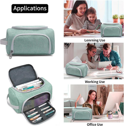 XQXA Extra Large Capacity Pencil Case Organizer, Multifunctional Pencil Pouch with Compartmens, Travel Simple Stationery Bag, Nylon Pencil Bag for Adults (Green)