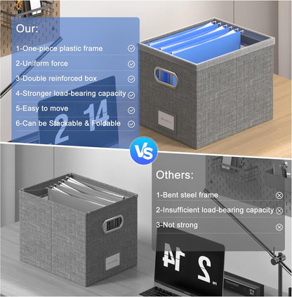 File Organizer Box File Boxes for Hanging Files with Lid Set of 3 Decorative Hanging Folders Letter Size Organizer with One-Piece Plastic Frame Slides (13.2 * 10.1 * 10.1in(3Pack), Grey)