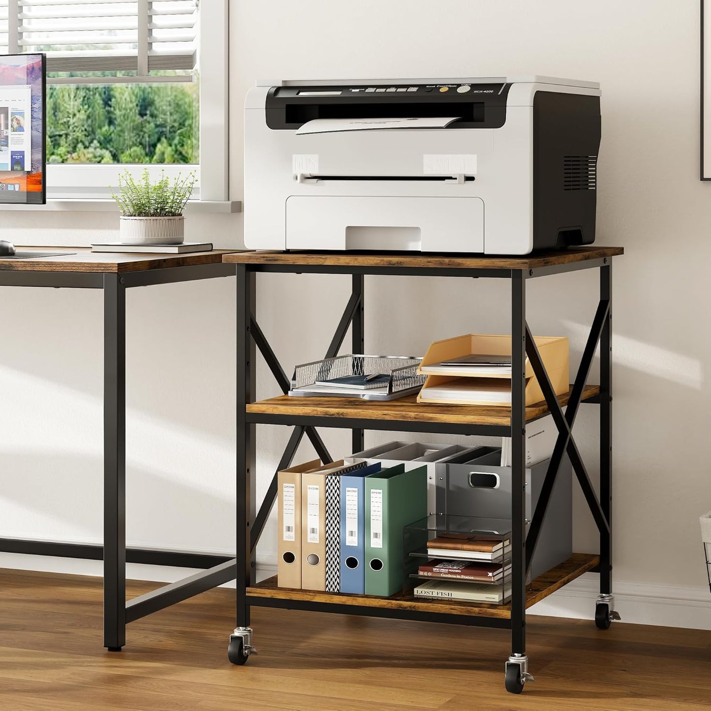 Warmiehomy 24"x24"x30" Large Printer Stand with Storage, 3 Tier Rolling Printer Cart Table, Mini Fridge Stand with Wheels, Use for 3D Laser Printer Home Office, Rustic Brown