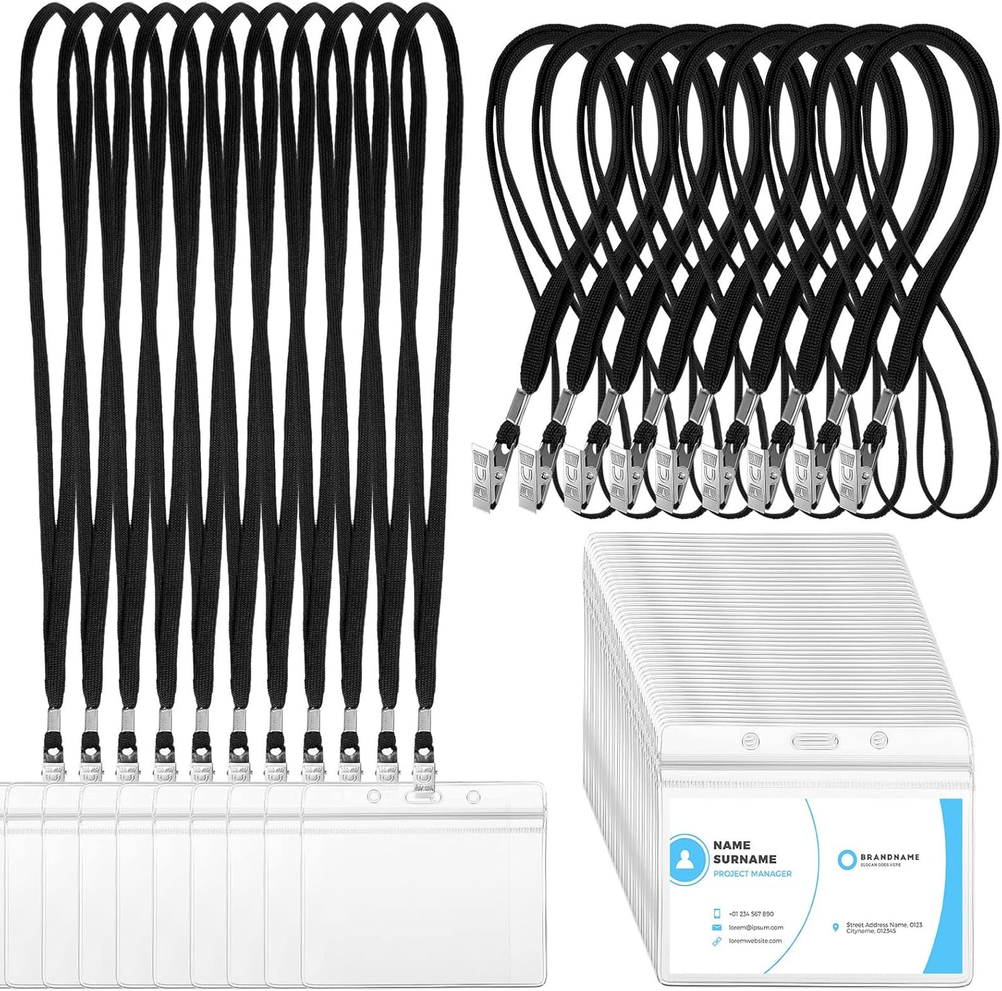 Marspark 100 Sets Clear Name Tags with Lanyard, Lanyards for ID Badges Reusable Strap with ID Holder Plastic Name Badges for Adults Business School Church Conference (Black)