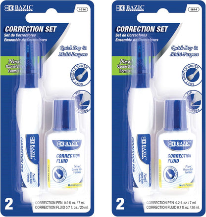 BAZIC Correction Fluid, Soft Bristle Brush & Precise Metal Tip Applicator, Fine Point Corrections Pen White Out Wipe Out Liquid (2/Pack), 2-Packs