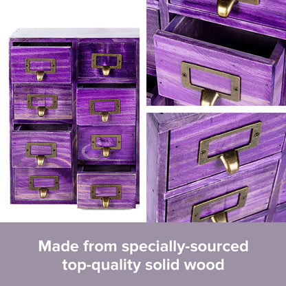 Purple 16-Slot Wooden Drawer Unit - Country Style Desk Organizer Box - 20"x3.6”x14” Wooden Storage Box w/ 16 Drawers - Countertop Drawers w/Label Holder & Handle - Slim 4-Level Organizer