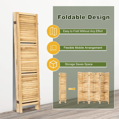 NicBex 6 Panel Room Divider 5.6FT Louvered Design Room Dividers with Display Storage Shelves Folding Privacy Screens Portable Freestanding Partition Wall Dividers for Home Bedroom Office, Natural Wood