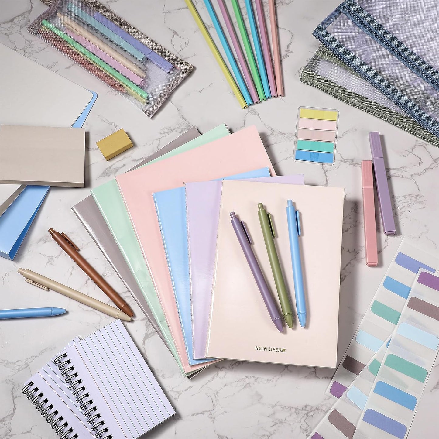 Colarr 54 Pieces Aesthetic School Supplies Including Pastel Highlighters Document Bags Pencils Notebooks Pencil Pouch Ink Pens Sticky Notes Erasers Back to School Gift Stationary Kit Supplies(Morandi)