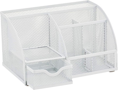 Annova Mesh Desk Organizer Office with 7 Compartments + Drawer/Desk Tidy Candy/Pen Holder/Multifunctional Organizer (White)