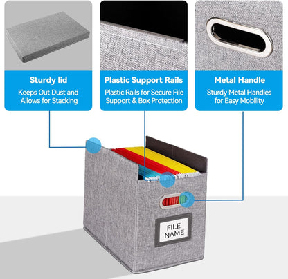 4 Pack Hanging File Folders Organizer with Lid, Letter Size Fabric File Storage Box Collapsible, Portable Office Document Holder with Metal Handle, Smooth PVC Rails, Gray