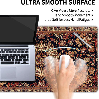 Vintage Rug Gaming Mouse Pad XL Dark Brown Retro Carpet Aesthetic Extended Large Mat Mousepad Desk Pad Non-Slip Rubber Base Stitched Edge Flower Keyboard Pad Playmat for Computer,20x14 Inch,60x35cm