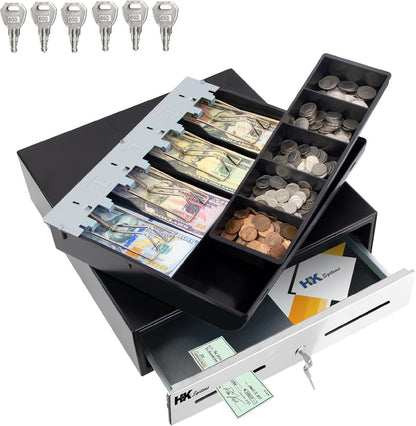 HK SYSTEMS 13inch "Stainless Steel" Front Heavy Duty Black POS Interface Cash Drawer with 4Bill/5Coin