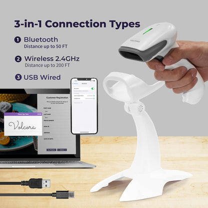Volcora Wireless Bluetooth Barcode Scanner, QR Code Scanner, USB Portable Handheld Scanners w/Stand Connect w/Tablet/Phone/PC, 1D & 2D Inventory Scanner, Symbol Barcode Scanner for Retail & Warehouse