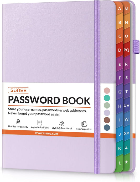SUNEE Password Book with Colorful Alphabetical Tabs, Password Books for Seniors, Password Keeper Book for Computer and Internet Address Website Login, 5.3''x 7.7''- Purple