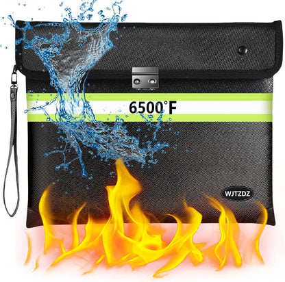 6500°F Fireproof Document Bag with Lock, Upgraded Fireproof/Waterproof Money Bag with Zipper/Reflective Strip,Storage Pouch for Cash,Cell Phone,Passport（Not Suitable for A4 Files）