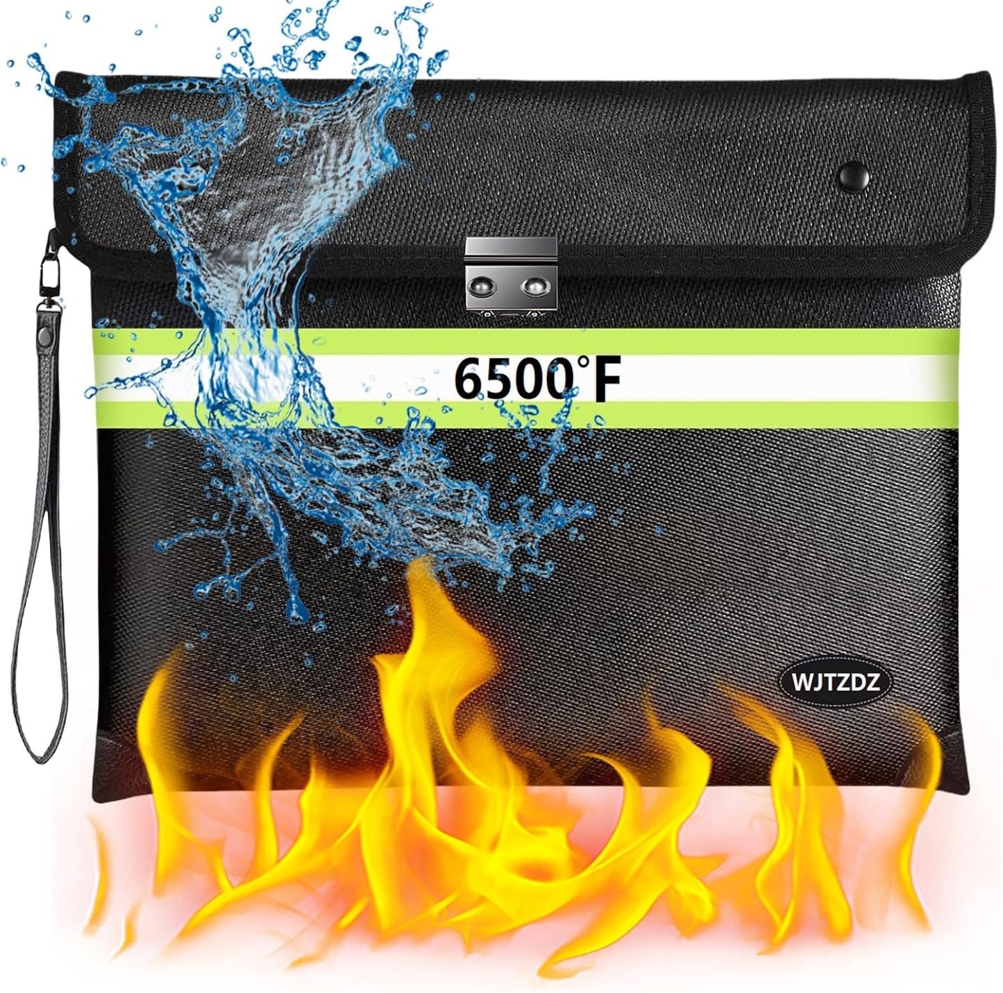 6500°F Fireproof Document Bag with Lock,2025 Upgraded Fireproof/Waterproof Money Bag with Zipper/Reflective Strip,Storage Pouch for A4 Letter Size Document,Cash,Cell Phone,Passport