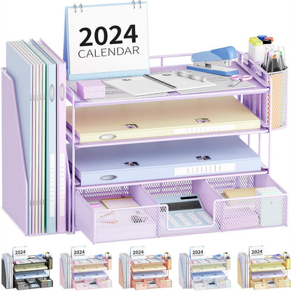 Desk Organizer and Accessories, 4-Tier Desktop File Organizer with Drawer and 2 Pen Holders, Office Desk Accessories for Office Supplies(Purple)