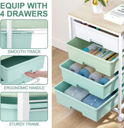 Utility Cart with 4 Drawers,Rolling Storage Cart with Drawers,Storage Rolling Drawer Cart with Wooden Tabletop for Bedroom,Kid's Room,Dorm,Classroom,Office,Green
