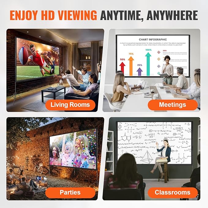 VEVOR Projector Screen with Stand, 150 inch 16:9 4K 1080 HD Outdoor Movie Screen with Stand, Wrinkle-Free Projection Screen with Tripods and Carry Bag, for Home Theater Cinema Backyard Movie Night