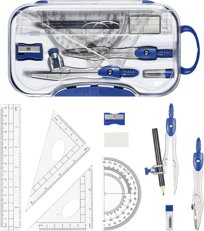 10 Pieces Math Geometry Kit Set Student Supplies with Shatterproof Storage Box,Includes Rulers,Protractor,Compass,Eraser,Pencil Sharpener,Lead Refills,Pencil,for School and Drawings（Navy Blue）