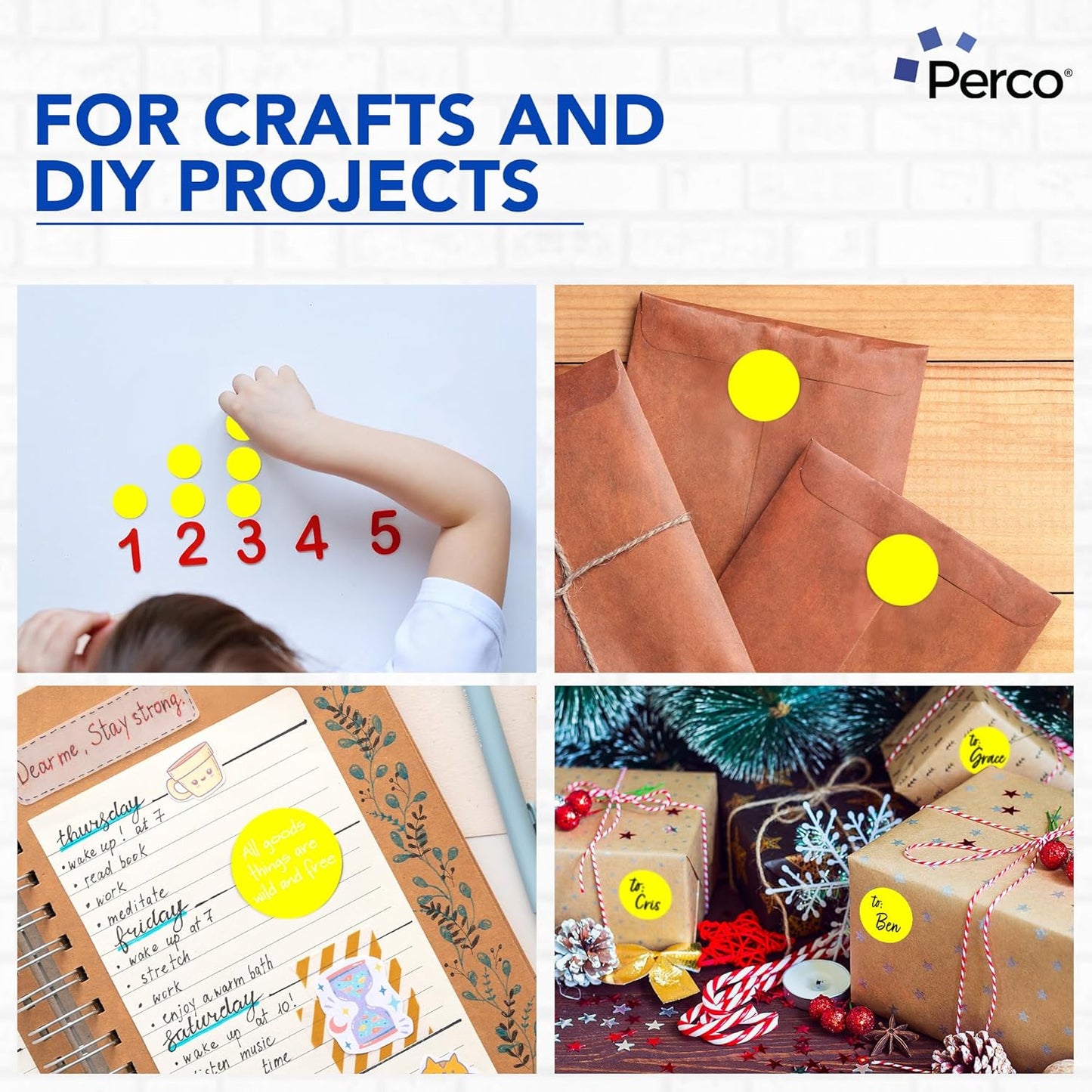 Perco Fluorescent Yellow 2-Inch Round Circle Dot Sticker Labels - Multi-Roll Pack (3 Rolls, 500 Labels Each) - Permanent Adhesive, Vibrant Colors, Strong Hold - Perforated for Easy Use - Made in USA