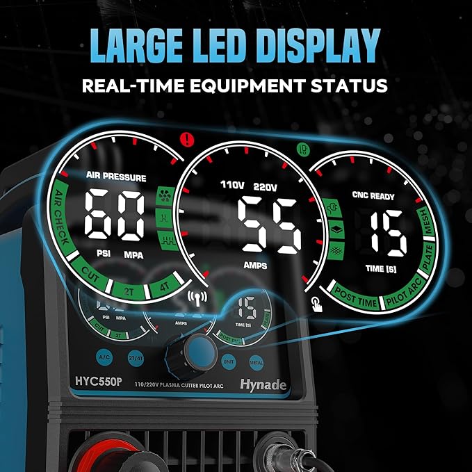 Plasma Cutter with Large LED Display, [Non-Touch Pilot Arc] [Air Sensor] hynade 55A Plasma Cutter Machine 110/220V Dual Voltage, IGBT Inverter, 1/2'' Clean Cut, 2T/4T for Beginners DIY(User Manual)