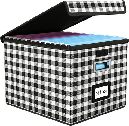 Huolewa Collapsible File Storage Organizer Box with Lid, Lattice Linen Office Document Storage, Universal Hanging Filing Organization Box for Letter/Legal Folder, Decorative Home File Bin
