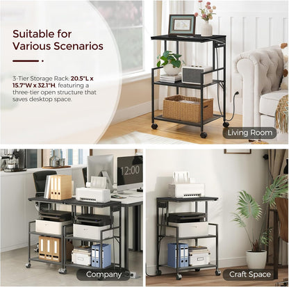 Mobile Printer Stand, 3-Tier Industrial Printer Cart with Power Outlets and 2 USB Ports, Rolling Printer Table on Wheels for Home Offices Kitchen Organization Rack, Black PTHB78E01