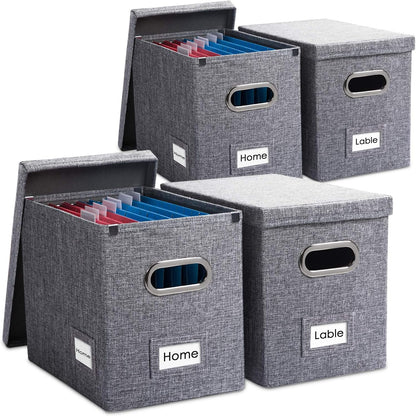 PRANDOM File Organizer Box - Set of 4 Collapsible Decorative Linen Filing Storage Hanging File Folders with Lids Office Cabinet Letter Size Grey (14x9.3x10.8 inch)
