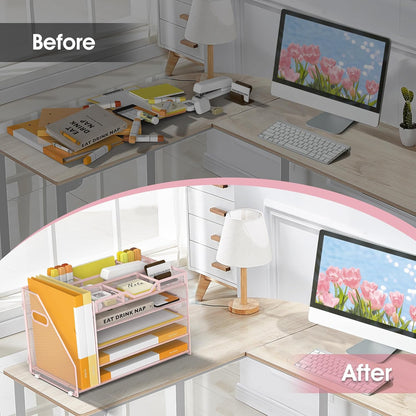 5 Tier Paper Letter Tray with File Holder and 3 Drop-in Pen Holders, Mesh Desk File Organizer with Handle, Desk Organizers and Accessories for School,Home, Office Supplies Storage-Pink