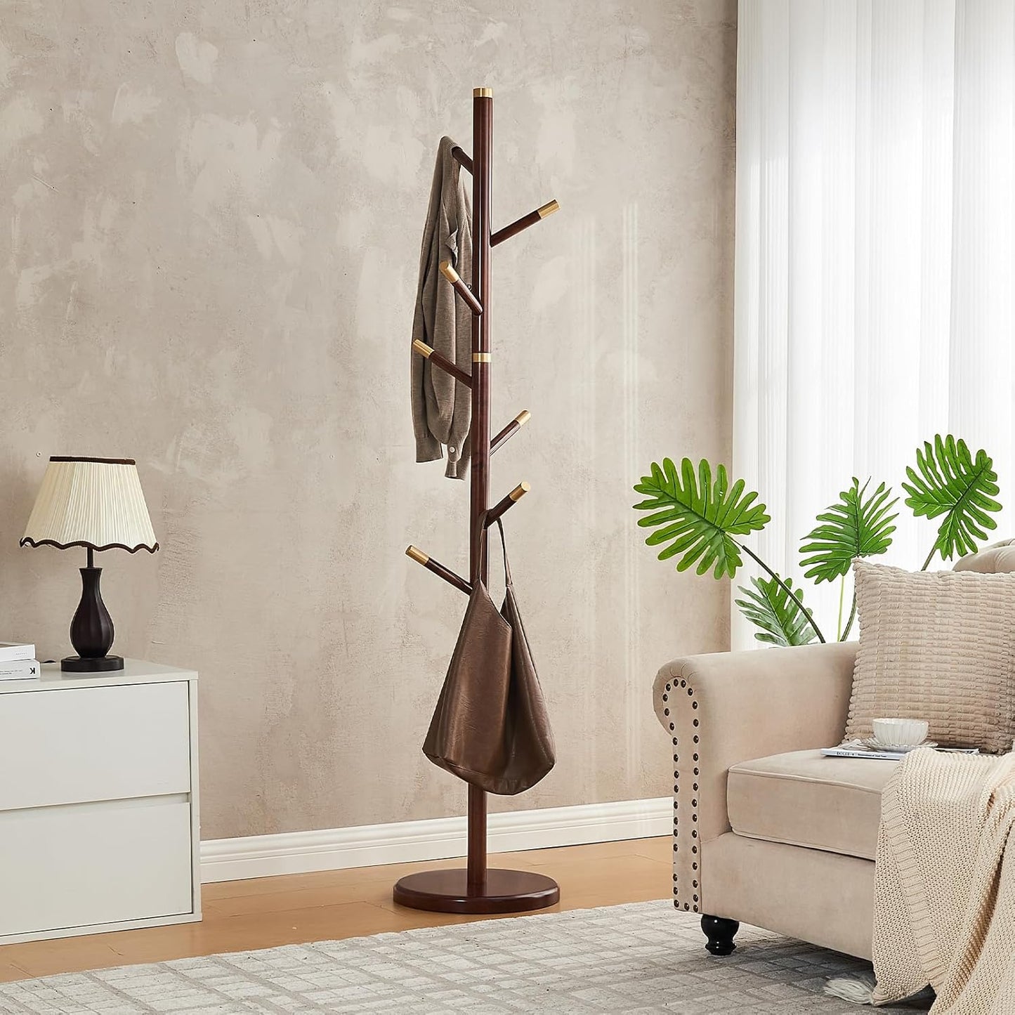 Uniclinens Coat Rack Freestanding Solid Wood Coat Tree Standing with 7 Hooks, Coat Rack Stand Creative Tree Branch-look (Walnut)