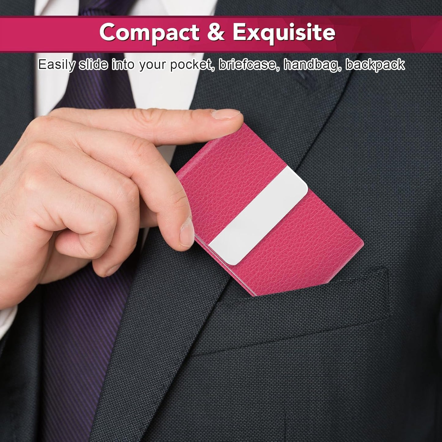 Business Card Holder with Ultra Slim Design, Business Card Case with Premium PU Leather, Suit Pocket Metal Card Holder for Women/Men, Magnetic Closure Quick Access Cards