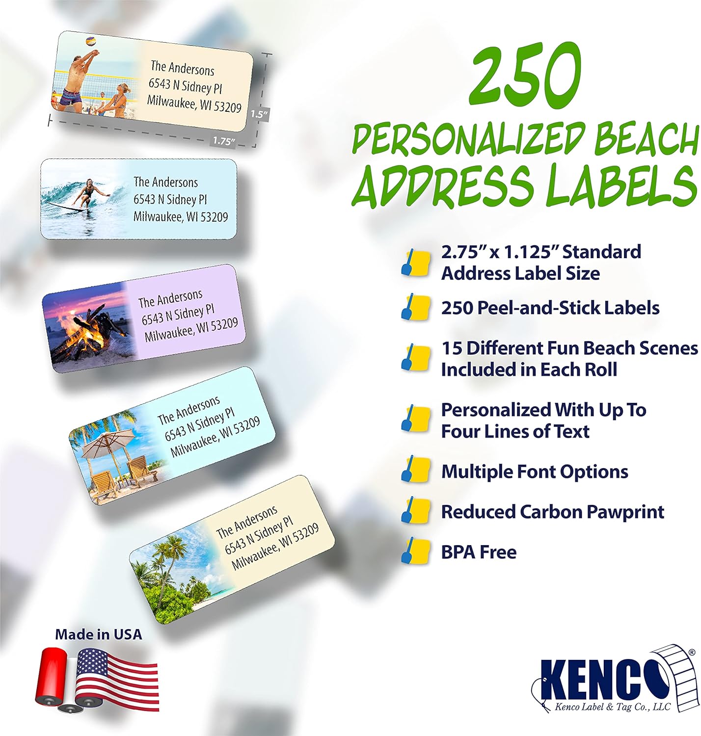 Customized Personalized Address Labels - Made in The USA by Kenco (250 Labels, Tropical Beach)