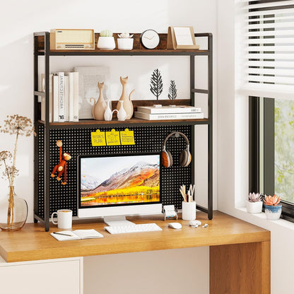 GOFLAME Desktop Bookshelf with Pegboard, 37 Inch Industrial Desk Hutch for Computer Monitor, 2-Tier Countertop Organizer Shelf with Safety Guardrails for Home Office, Dorm, Study, Rustic Brown
