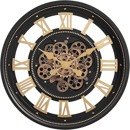 CLXEAST 24 Inch Wall Clock with Moving Gears, Large Roman Numeral Gear Clock for Living Room Decor,Modern Black& Gold Finish,House Warming Gifts New Home