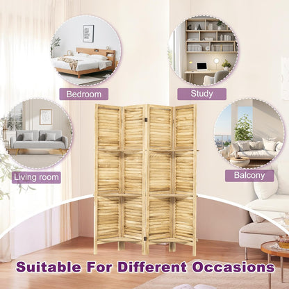 Room Divider with Shelves, 5.6FT Folding Room Divider Panel, 4 Panel Wood Partition Wall Divider for Room Separation, Natural Wood