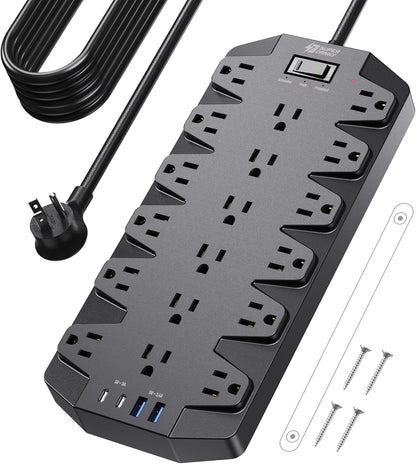 18 Widely Outlets Power Strip, SUPERDANNY Surge Protector with 4 USB Ports, 15FT Flat Plug Heavy Duty Extension Cord, 2100J, 1875W/15A, Wall Mount Holes for Home, Office, Dorm, Black