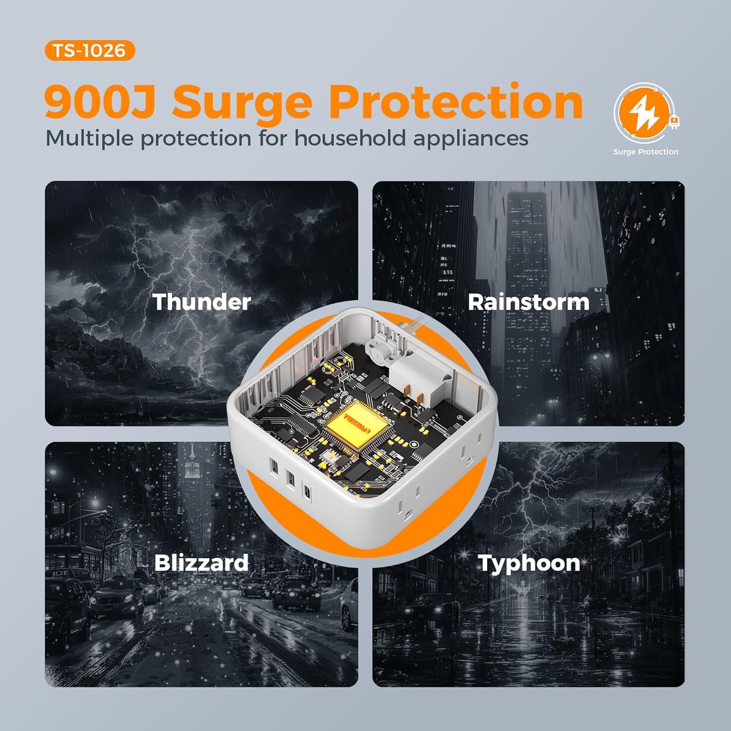 Surge Protector Power Strip, TESSAN 5 FT Flat Extension Cord with 8 AC Outlets 3 USB Ports (1 USB C), 900 Joules Protection, 3-Sided Wall Plug Extender, Desk Charging Station for Office, Dorm