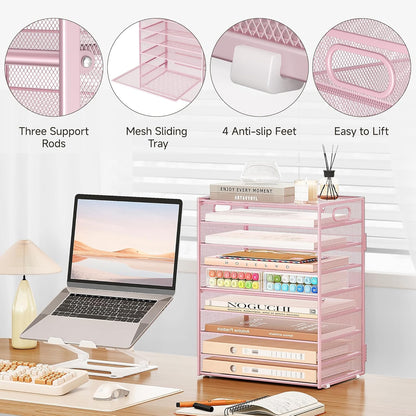 Subekyu 9 Tier Paper Letter File Tray Organizer for Desk, Pink Large Mesh Desk Folder Sorter Organizer with Handle, Include 6 Pcs Adjustable Height Slid Tray for Office Home School Supplies Storage
