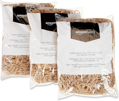 Amazon Basics Rubber Bands, Size 19 (3-1/2 x 1/16 Inch), 1250 Bands/1 lb. Pack, 3-Pack, Tan